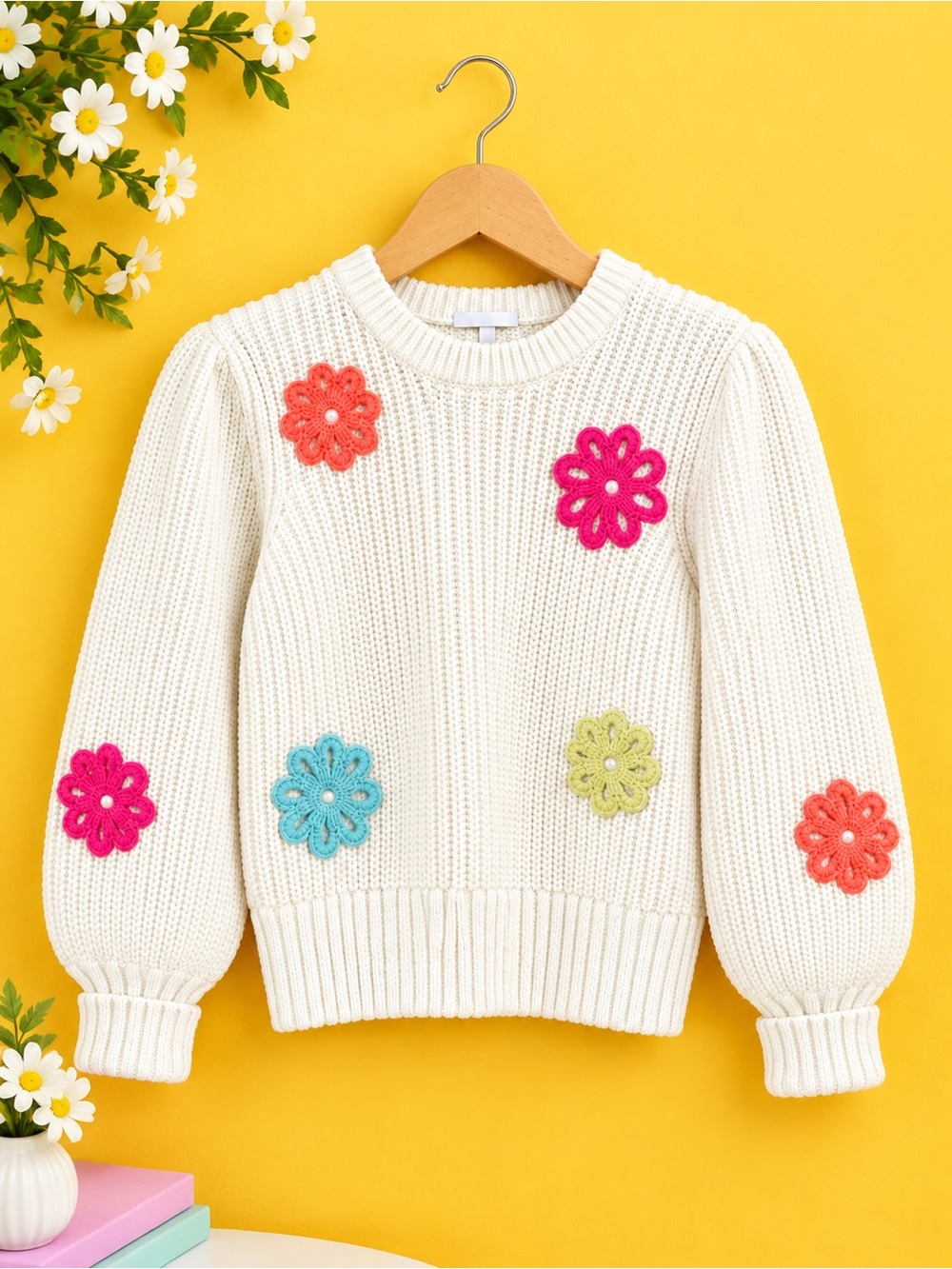Rails NEW Romy Sweater Large Ivory Floral Daisy Appliqué Chunky Cotton Knit